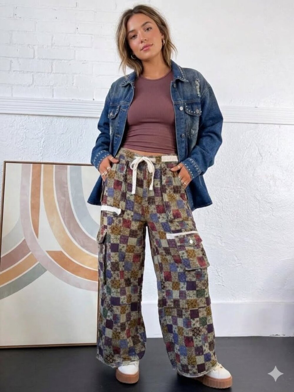 POL Soft Willow Patchwork Cargo Pants